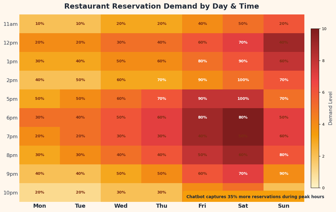 Restaurant reservation demand heatmap by day and time showing peak periods