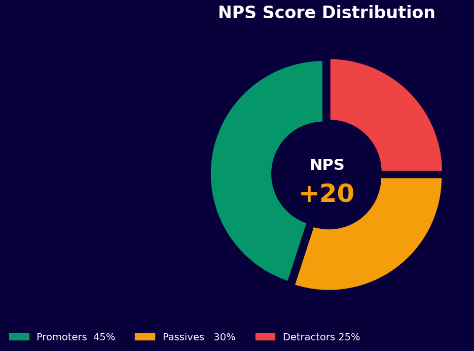 NPS score distribution showing 45% promoters, 30% passives, 25% detractors